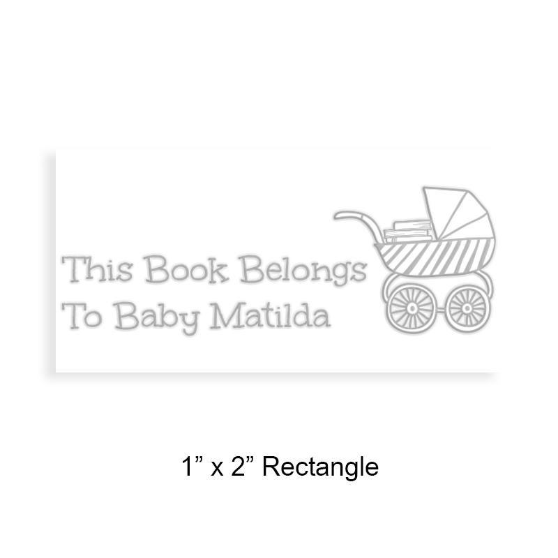 Personalized 1" x 2" rectangle book embosser. Book buggy design. 3 mount options available. Desk, gift and pocket. Fast shipping.