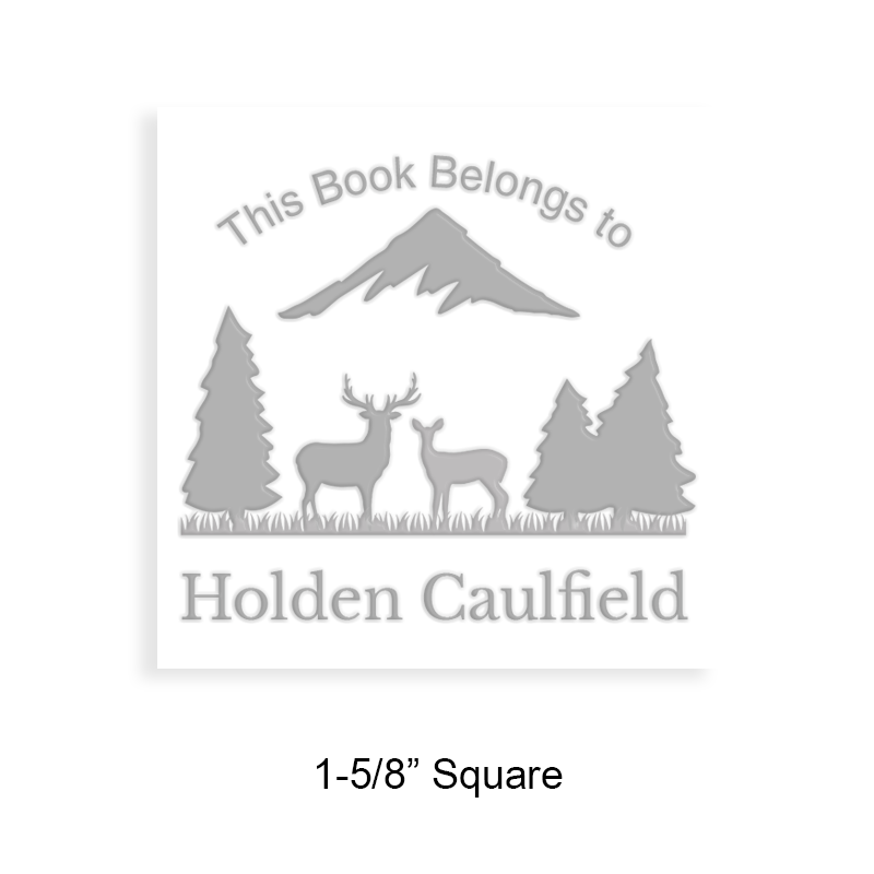 Customize this 1-5/8" square book embosser. Deer in the woods design. 3 mount options available. Desk, gift and pocket. Fast shipping.