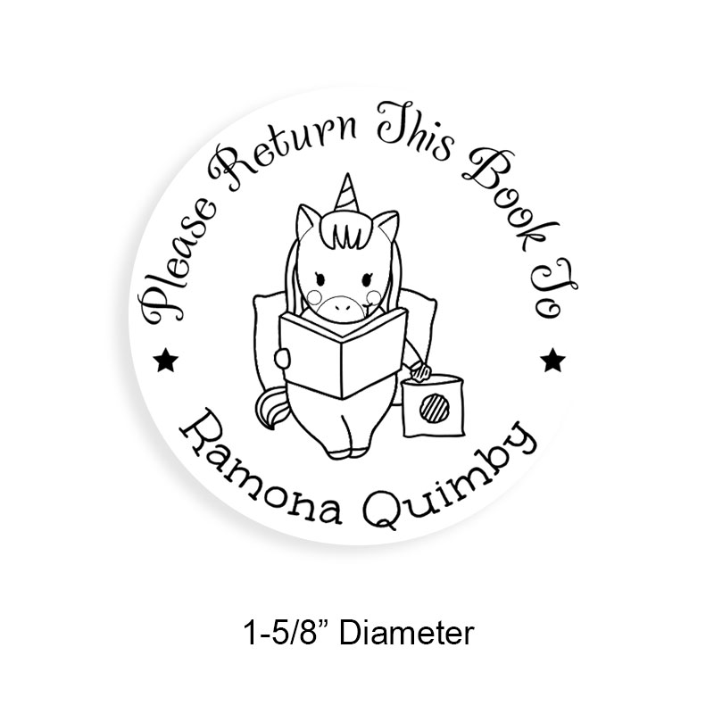 Tailor-made 1-5/8" round book stamp. Studious unicorn design. 6 mount options available. Wood, self-inking and pre-inking. Fast shipping.