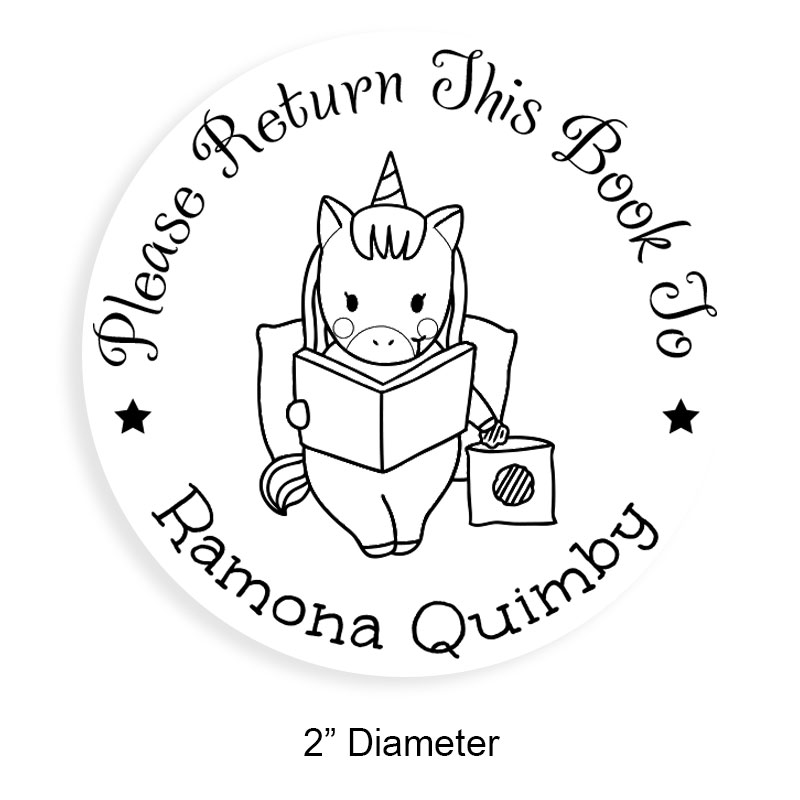 Customizable 2" round book stamp. Studious unicorn design. 6 mount options available. Wood, self-inking and pre-inking. Fast shipping.