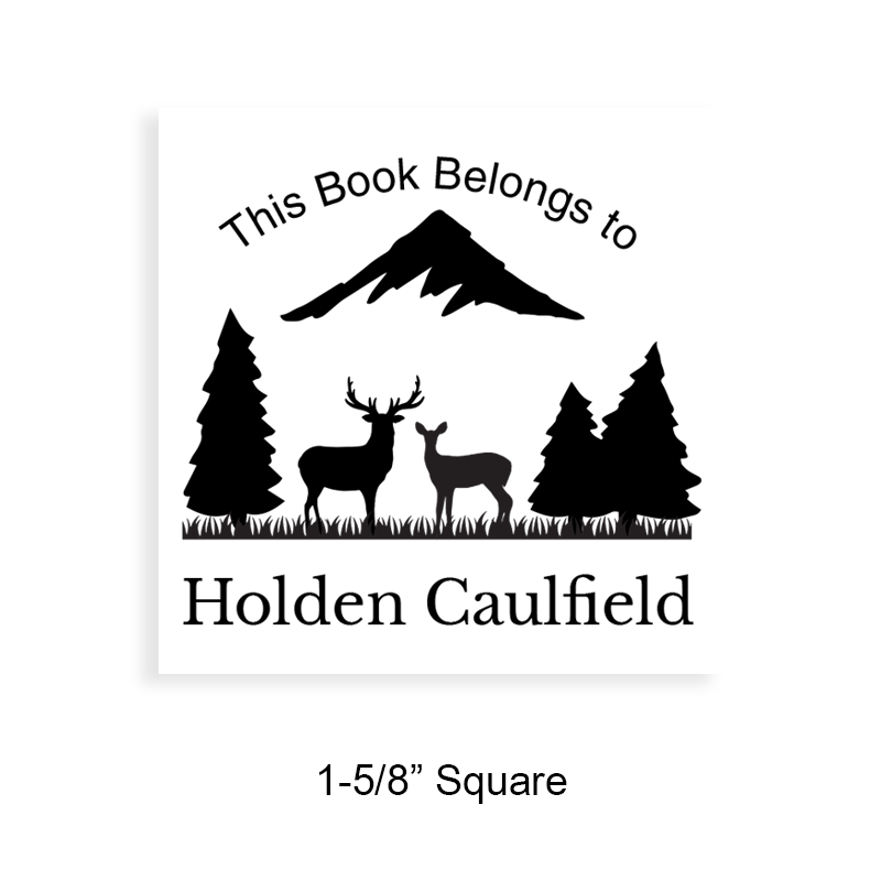 Customize this 1-5/8" square book embosser. Deer in the woods design. 7 mount options available. Wood, self-inking and pre-inking. Fast shipping.