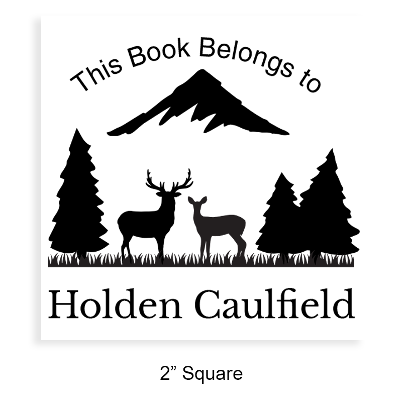 Made-to-order 2" square book embosser. Deer in the woods design. 3 mount options available. Wood hand stamp and pre-inking. Fast shipping.