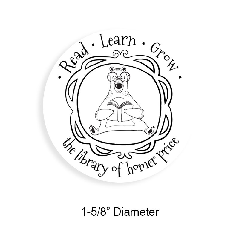 Custom-made 1-5/8" round book stamp. Reading bear design. 6 mount options available. Wood, self-inking and pre-inking. Fast shipping.