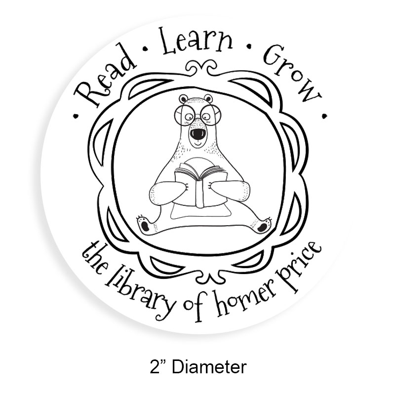 Personalize this 2" round book stamp. Reading bear design. 6 mount options available. Wood, self-inking and pre-inking. Fast shipping.