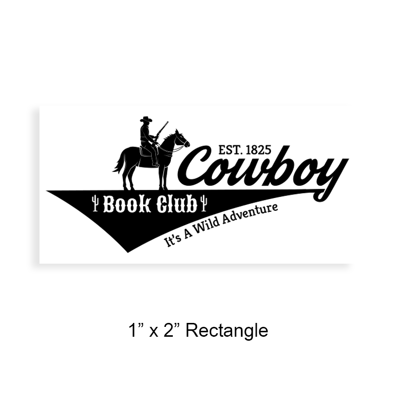 Made-to-order 1" x 2" rectangle book stamp. Western cowboy design. 5 mount options available in wood, self-inking, pocket & pre-inking. Fast shipping.