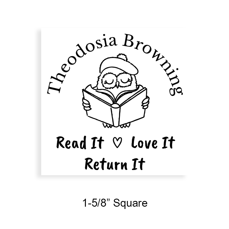 Tailor-made 1-5/8" square book stamp. Wise owl reading design. 7 mount options available. Wood, self-inking and pre-inking. Fast shipping.