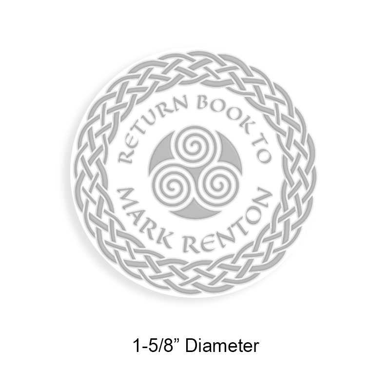 Personalized 1-5/8" round book embosser. Spinners w/ braided border design. 3 different mount options available. Desk, gift and pocket. Fast shipping.