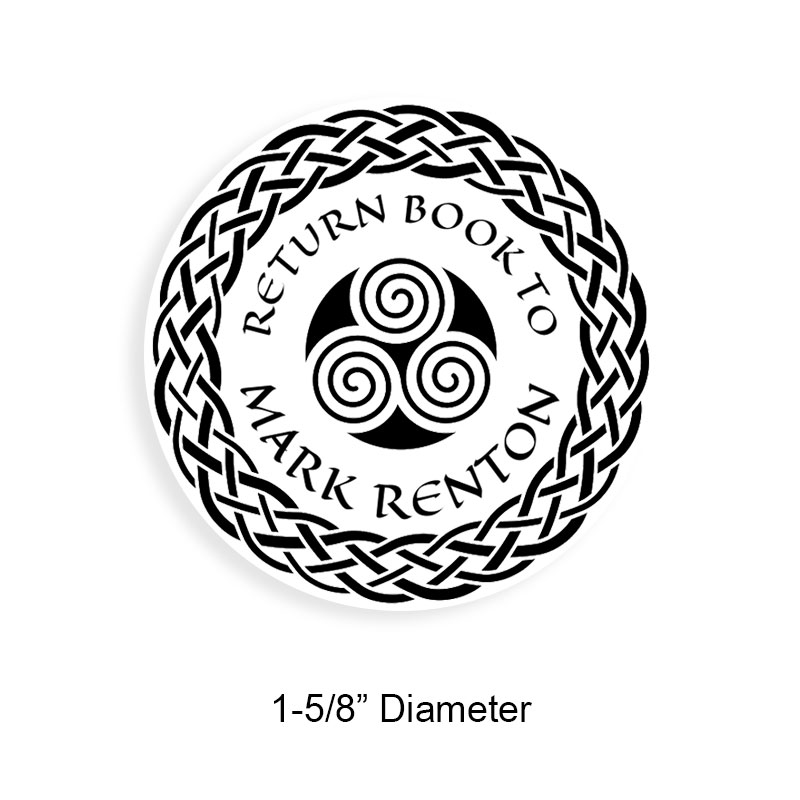 Personalized 1-5/8" round book stamp. Spinners w/ braided border design. 6 mount options available. Wood, self-inking and pre-inking. Fast shipping.