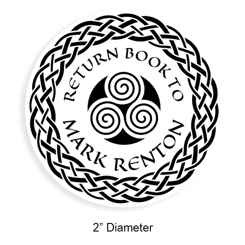 Customizable 2" round book stamp. Spinners w/ braided border design. 6 mount options available. Wood, self-inking and pre-inking. Fast shipping.