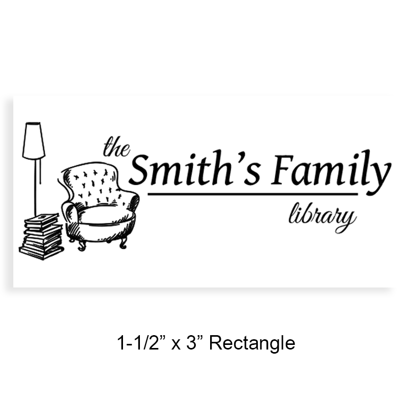 Customize this 1-1/2" x 3" rectangle book stamp. Reading nook design. 4 mount options available. Wood, self-inking and pre-inking. Fast shipping.