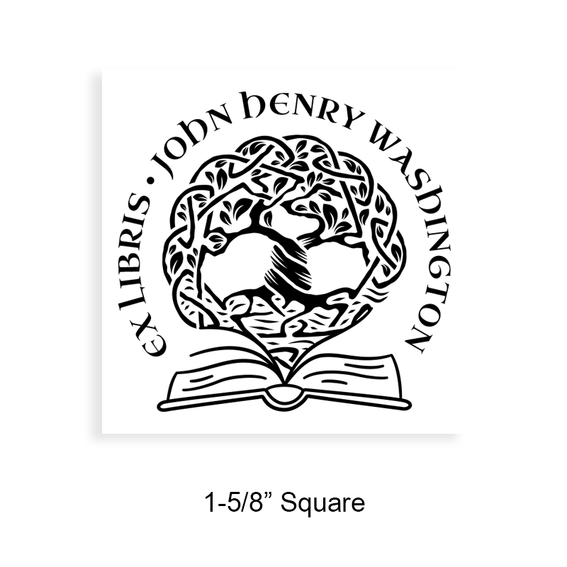 Custom-made 1-5/8" square book stamp. Ex libris tree of life design. 7 mount options available. Wood, self-inking and pre-inking. Fast shipping.