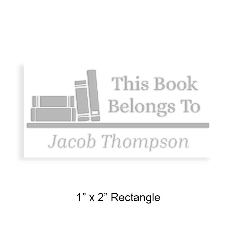Customizable 1" x 2" rectangle book embosser. Books on a shelf design. 3 mount options available. Desk, gift and pocket. Fast shipping.