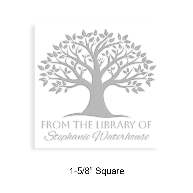 Made-to-order 1-5/8" square book embosser. Blossoming tree design. 3 mount options available. Desk, gift and pocket. Fast shipping.