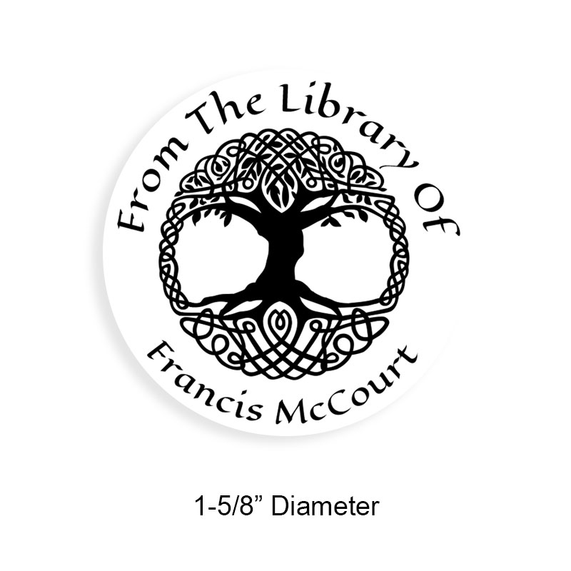 Custom-made 1-5/8" round book stamp. Celtic tree of life design. 6 mount options available. Wood, self-inking and pre-inking. Fast shipping.