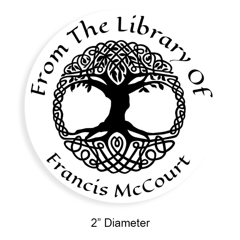 Tailor-made 2" round book stamp. Celtic tree of life design. 6 mount options available. Wood, self-inking and pre-inking. Fast shipping.