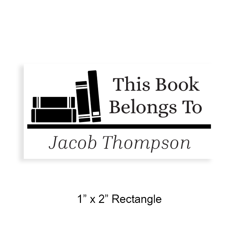 Personalized 1" x 2" rectangle library stamp, books on a shelf design. 5 mount options available. Wood, self-inking, pocket & pre-inking. Fast shipping.