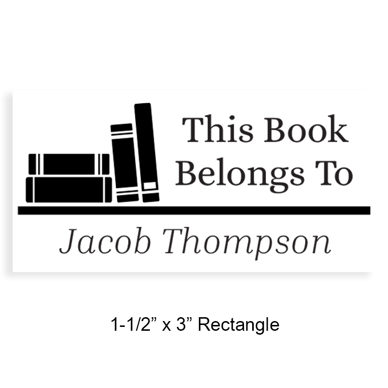 Customizable 1-1/2" x 3" rectangle book stamp. Books on a shelf design. 4 mount options available. Wood, self-inking and pre-inking. Fast shipping.