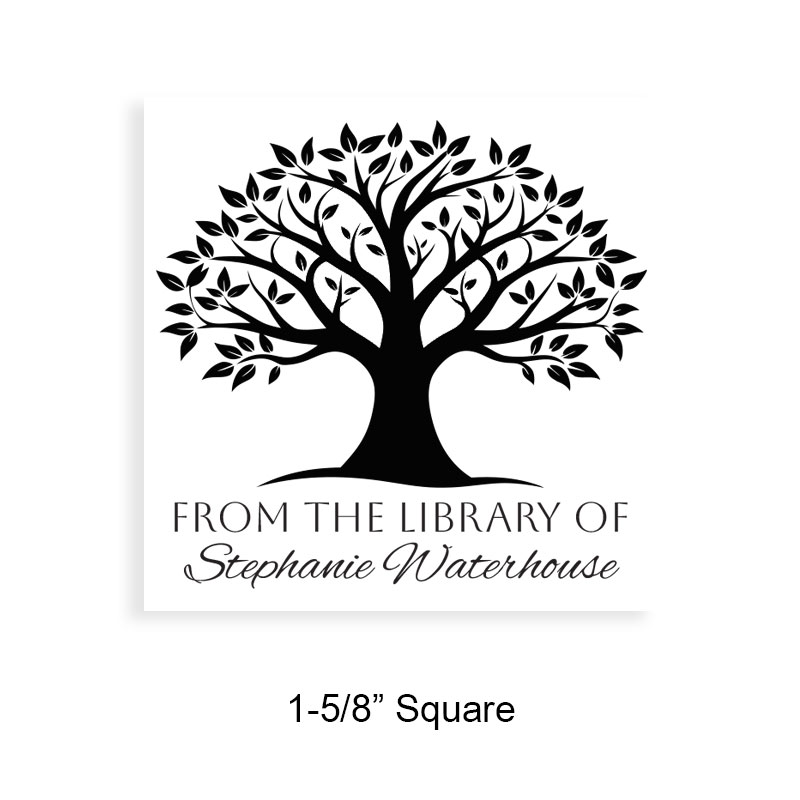 Made-to-order 1-5/8" square book stamp. Blossoming tree design. 7 mount options available. Wood, self-inking and pre-inking. Fast shipping.