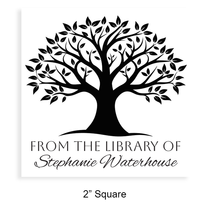 Personalized 2" square book stamp. Blossoming tree design. 3 mount options available. Wood hand stamp and pre-inking. Fast shipping.