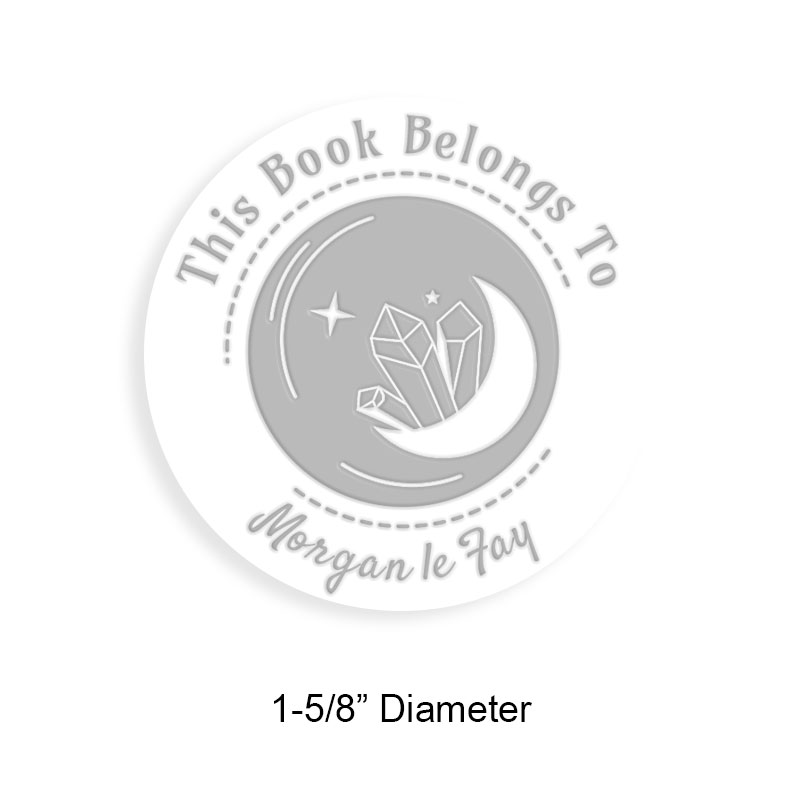 Tailor-made 1-5/8" round book embosser. Moon crystals design. 3 different mount options available. Desk, gift and pocket. Fast shipping.