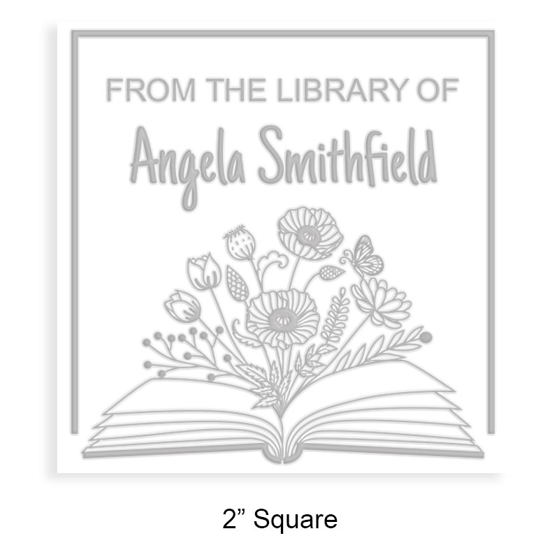 Customize this 2" square book embosser. Flowering open book design. Available on the EH desk long reach. Fast shipping.