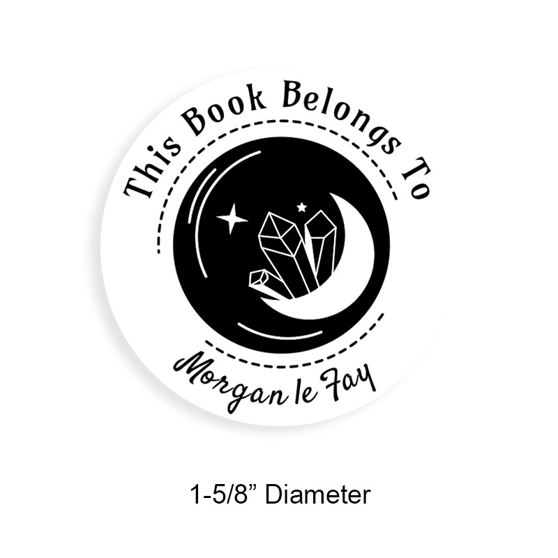 Tailor-made 1-5/8" round book stamp. Moon crystals design. 6 mount options available. Wood, self-inking and pre-inking. Fast shipping.