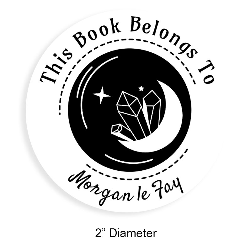 Customizable 2" round book stamp. Moon crystals design. 6 mount options available. Wood, self-inking and pre-inking. Fast shipping.