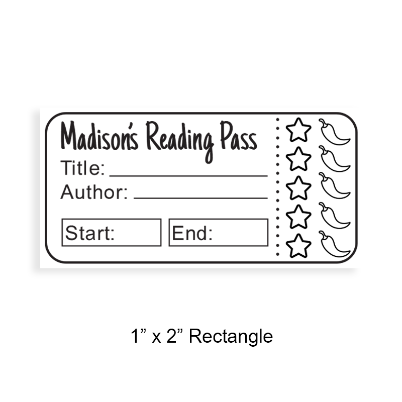 Tailor-made 1" x 2" rectangle book stamp. Ticket to read review design. 6 mount options available. Wood, self-inking, pocket & pre-inking. Fast shipping.