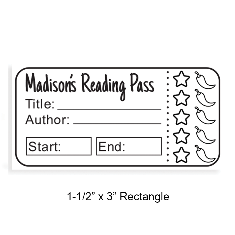 Tailor-made 1-1/2" x 3" rectangle book stamp. Ticket to read review design. 4 mount options available. Wood, self-inking and pre-inking. Fast shipping.