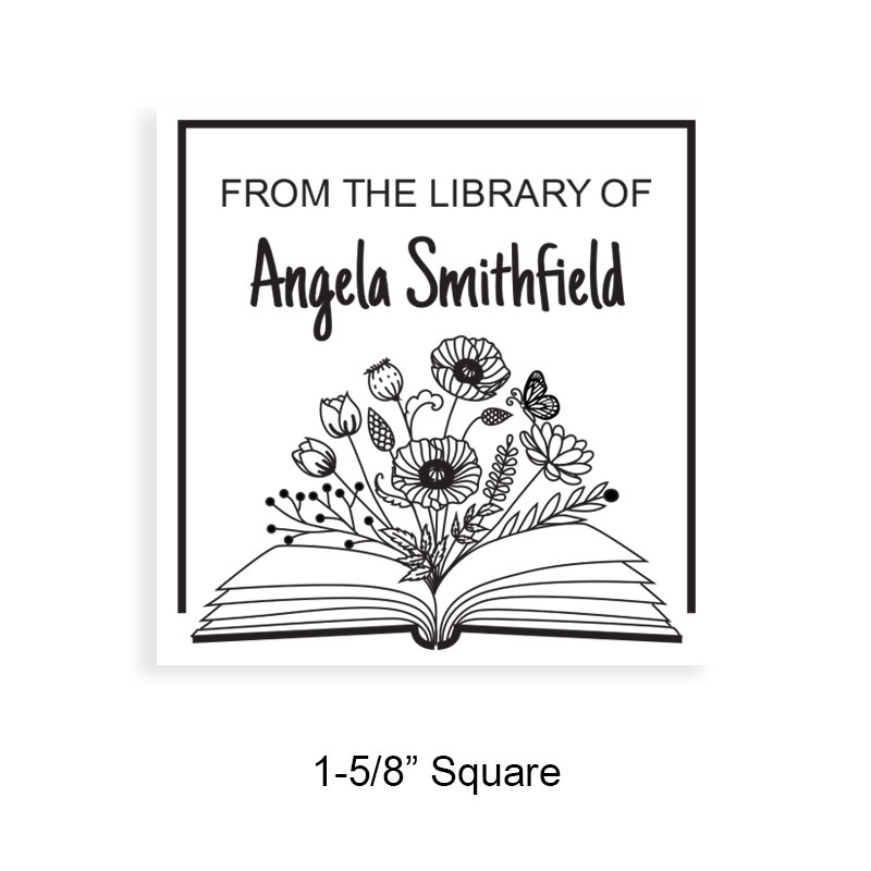 Customizable 1-5/8" square book stamp. Flowering open book design. 7 mount options available. Wood, self-inking and pre-inking. Fast shipping.