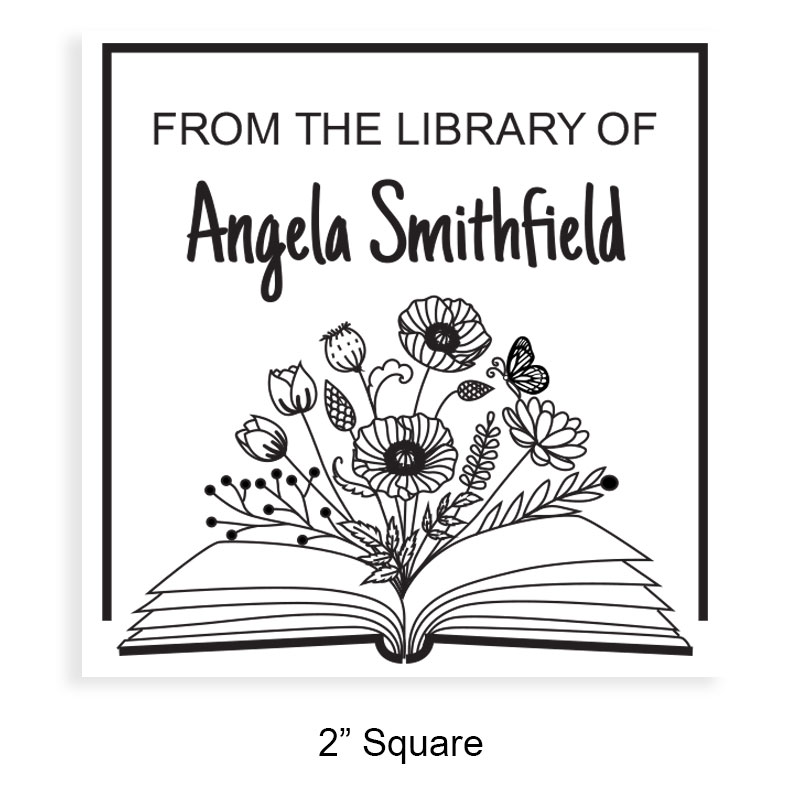 Customize this 2" square book stamp. Flowering open book design. 3 mount options available. Wood hand stamp and pre-inking. Fast shipping.