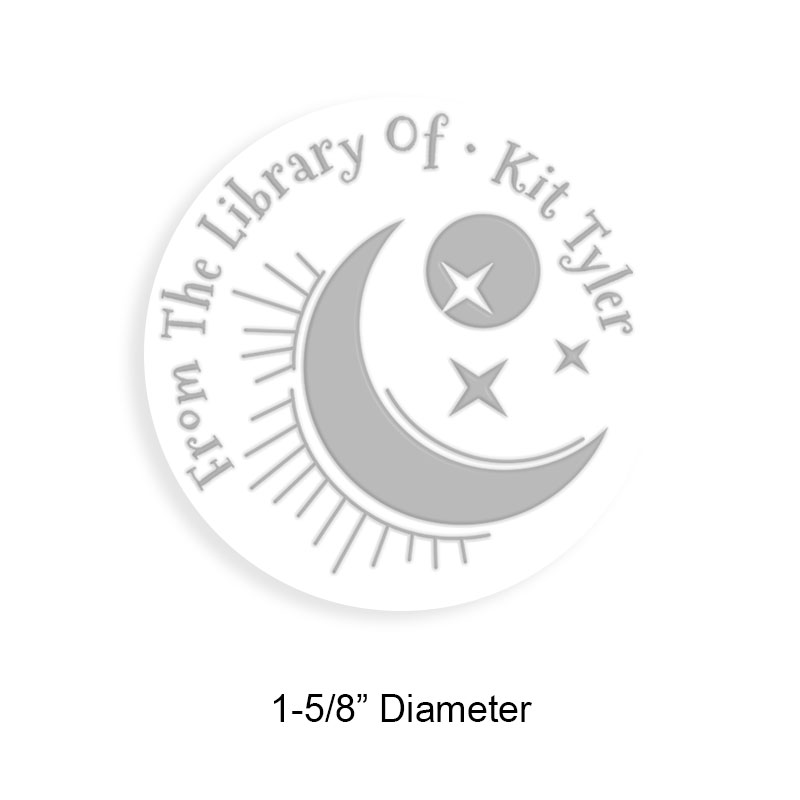 Custom-made 1-5/8" round book embosser. Moon and stars design. 3 different mount options available. Desk, gift and pocket. Fast shipping.