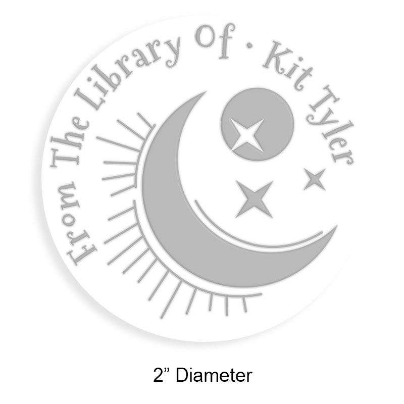 Personalize this 2" round book embosser. Moon and stars design. 4 mount options available. Desk, gift, pocket and EX long reach. Fast shipping.