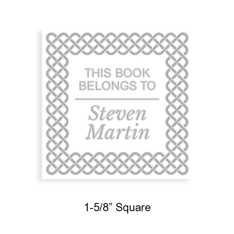 Personalize this 1-5/8" square book embosser. Celtic border design. 3 mount options available. Desk, gift and pocket. Fast shipping.