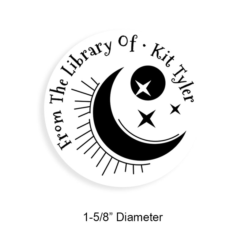 Custom-made 1-5/8" round book stamp. Moon and stars design. 6 mount options available. Wood, self-inking and pre-inking. Fast shipping.