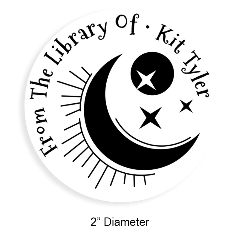 Personalize this 2" round book stamp. Moon and stars design. 6 mount options available. Wood, self-inking and pre-inking. Fast shipping.