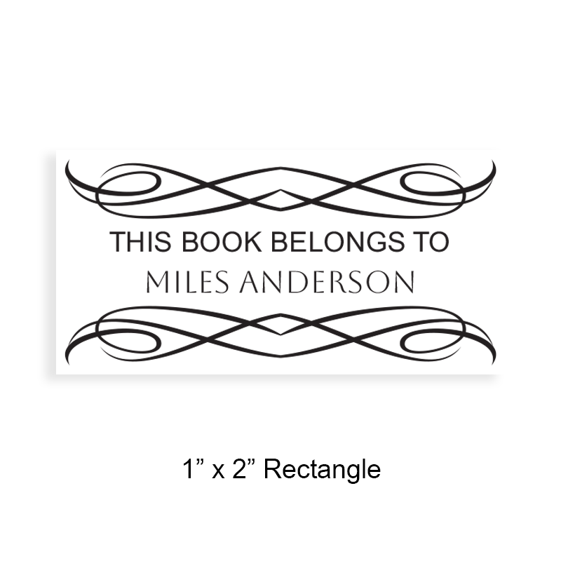 Personalize this 1" x 2" rectangle book stamp. Decorative scrolls design. 5 mount options available. Wood, self-inking, pocket & pre-inking. Fast shipping.