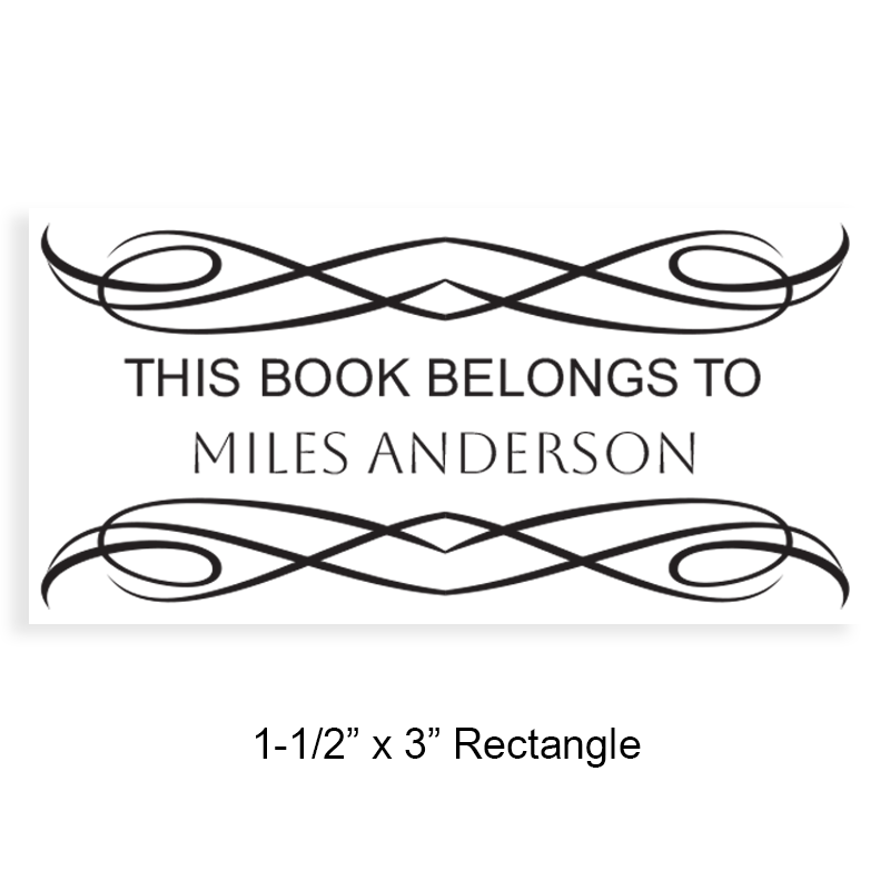 Decorative scrolls rectangle book stamp. Personalize this 1-1/2" x 3" design on 4 mount options: wood, self-inking and pre-inking. Fast shipping.