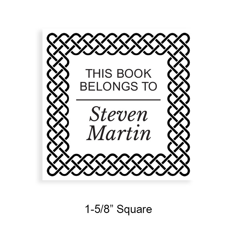 Personalize this 1-5/8" square book stamp. Celtic border design. 7 mount options available. Wood, self-inking and pre-inking. Fast shipping.