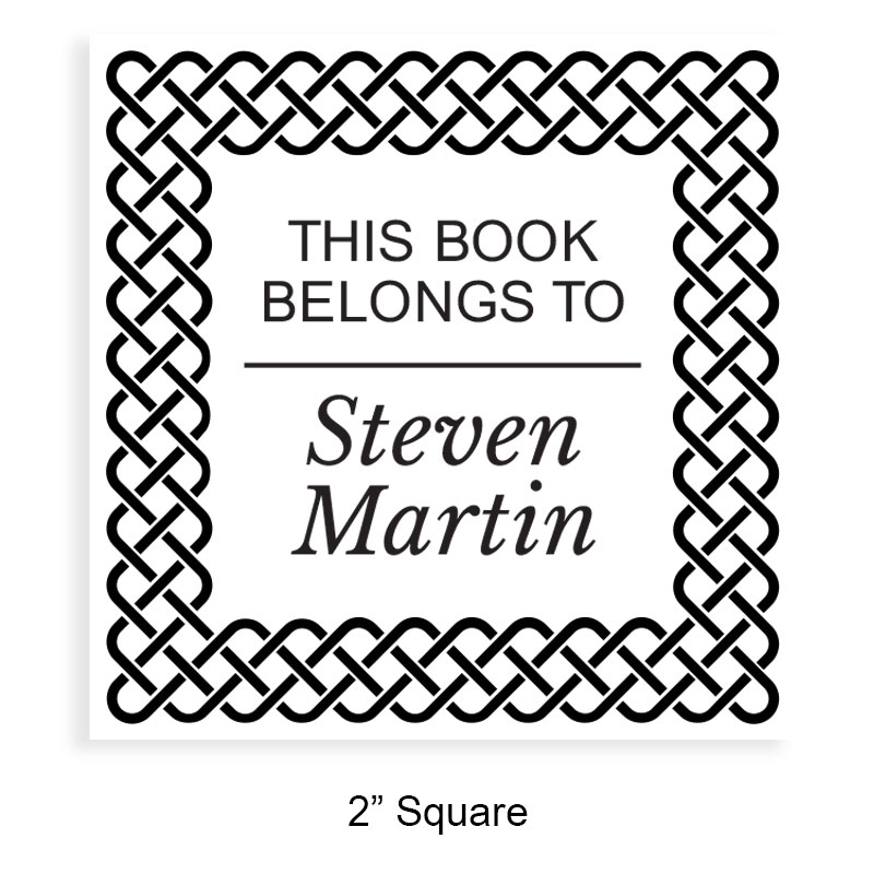 Tailor-made 2" square book stamp. Celtic border design. 3 mount options available. Wood hand stamp and pre-inking. Fast shipping.