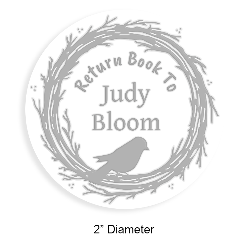 Personalized 2" round book embosser. Bird on brand border design. 4 mount options available. Desk, gift, pocket and EX long reach. Fast shipping.