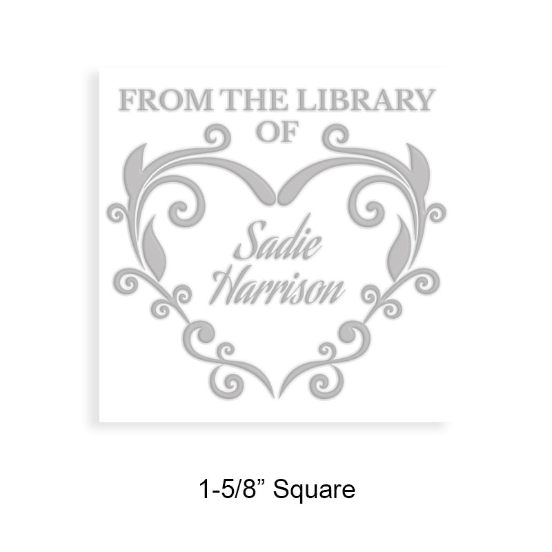 Personalized 1-5/8" square book embosser. Fleur de heart design. 3 mount options available. Desk, gift and pocket. Fast shipping.