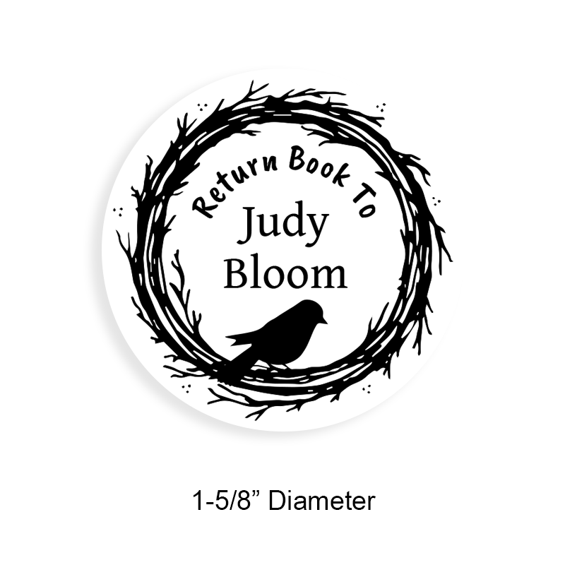 Made-to-order 1-5/8" round book stamp. Bird on brand border design. 6 mount options available. Wood, self-inking and pre-inking. Fast shipping.