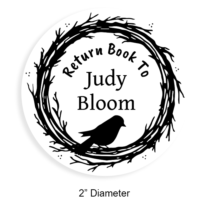 Personalized 2" round book stamp. Bird on brand border design. 6 mount options available. Wood, self-inking and pre-inking. Fast shipping.
