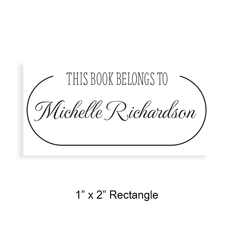 Custom-made 1" x 2" rectangle book stamp. Oval frame design. 5 mount options available. Wood, self-inking, pocket & pre-inking. Fast shipping.