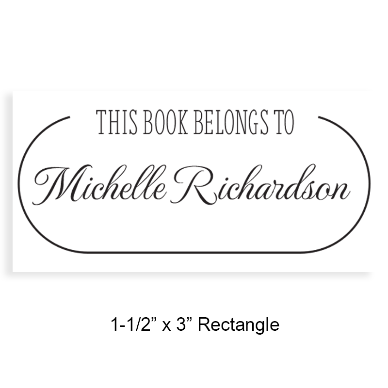 Custom-made 1-1/2" x 3" rectangle book stamp. Oval frame design. 4 mount options available. Wood, self-inking and pre-inking. Fast shipping.