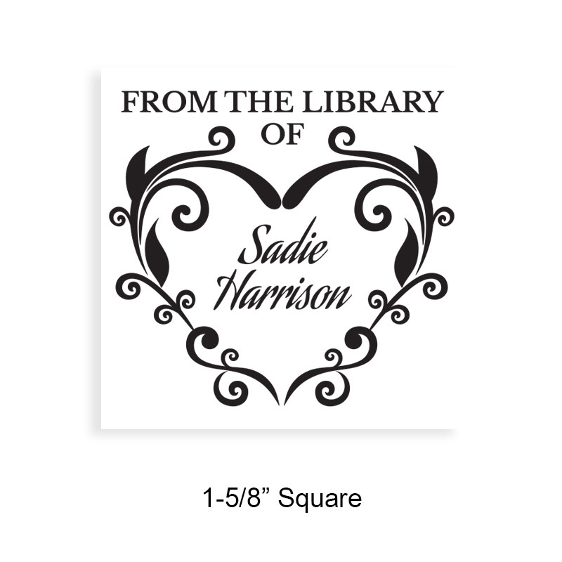 Personalized 1-5/8" square book stamp. Fleur de heart design. 7 mount options available. Wood, self-inking and pre-inking. Fast shipping.
