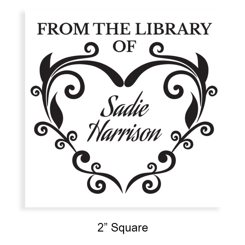Custom-made 2" square book stamp. Fleur de heart design. 3 mount options available. Wood hand stamp and pre-inking. Fast shipping.