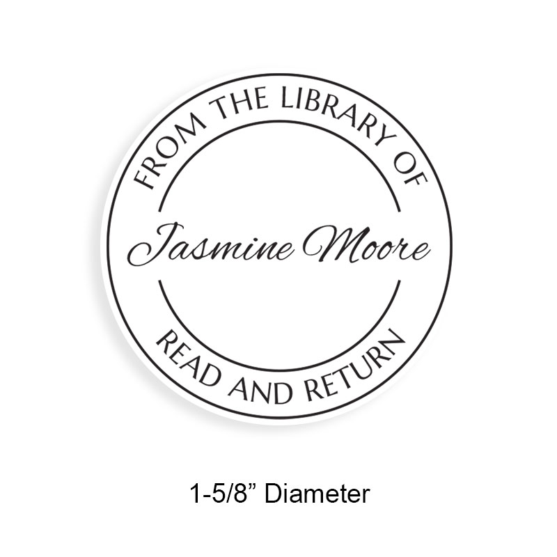 Personalized 1-5/8" round book stamp. Plain double line border design. 6 mount options available. Wood, self-inking and pre-inking. Fast shipping.