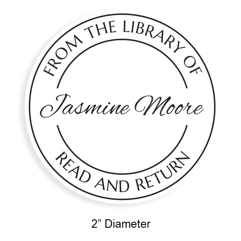 Customizable 2" round book stamp. Plain double line border design. 6 mount options available. Wood, self-inking and pre-inking. Fast shipping.